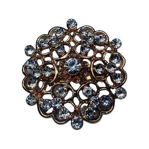 Shimmering Clear  Rhinestone Bling Flower Vintage Gold Tone Brooch Pin 1”